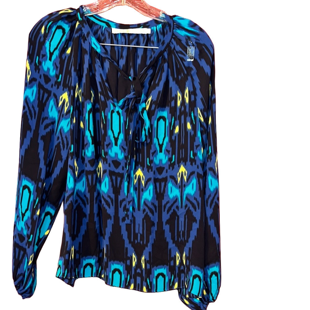 Vintage Silk Marie Oliver Blue Graphic Long Sleeve Blouse S